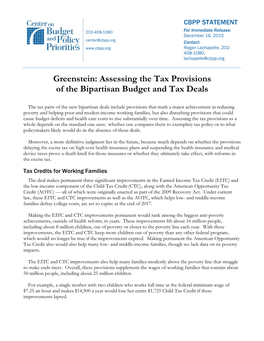 Greenstein: Assessing the Tax Provisions of the Bipartisan Budget and Tax Deals