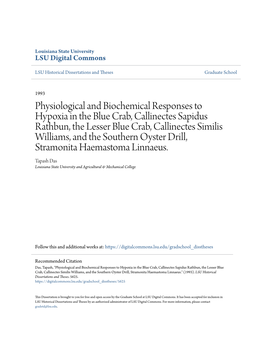 Physiological and Biochemical Responses to Hypoxia in the Blue Crab, Callinectes Sapidus Rathbun, the Lesser Blue Crab, Callinec