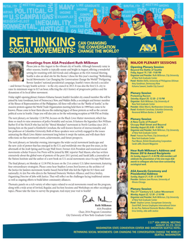 Greetings from ASA President Ruth Milkman MAJOR PLENARY SESSIONS Please Join Us This August in the Vibrant City of Seattle