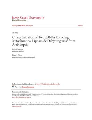 Characterization of Two Cdnas Encoding Mitochondrial Lipoamide Dehydrogenase from Arabidopsis Isabelle Lutziger Iowa State University