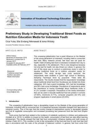 Preliminary Study in Developing Traditional Street Foods As Nutrition Education Media for Indonesia Youth Cica Yulia, Elis Endang Nikmawati & Isma Widiaty