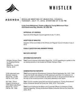 Agenda Regular Meeting of Municipal Council