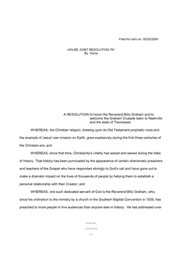 A RESOLUTION to Honor the Reverend Billy Graham and to Welcome the Graham Crusade Team to Nashville and the State of Tennessee