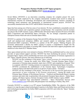 Prospective Partner Profile in FP7 Space Projects: Invent Baltics LLC (