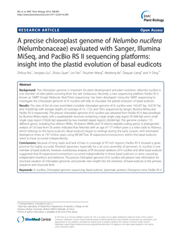 A Precise Chloroplast Genome of Nelumbo Nucifera (Nelumbonaceae) Evaluated with Sanger, Illumina Miseq, and Pacbio RS II Sequenc