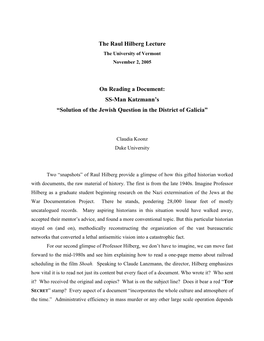 The Raul Hilberg Lecture on Reading a Document