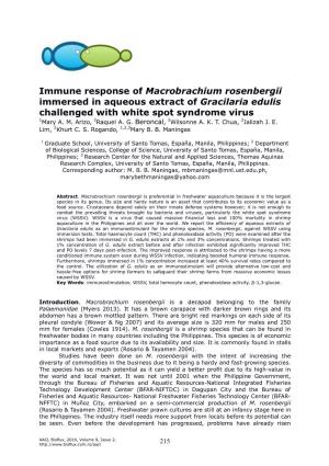 Immune Response of Macrobrachium Rosenbergii Immersed in Aqueous Extract of Gracilaria Edulis Challenged with White Spot Syndrome Virus 1Mary A