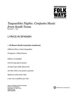 Taquachito Nights: Conjunto Music from South Texas SFW40477 – 1999