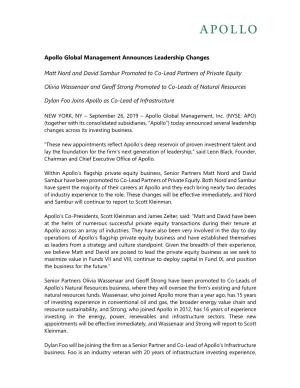 Apollo Global Management Announces Leadership Changes