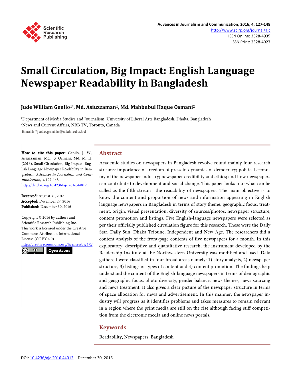 English Language Newspaper Readability in Bangladesh