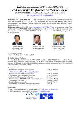 5Th Asia-Pacific Conference on Plasma Physics (AAPPS-DPP2021 On-Line E-Conference, Sept