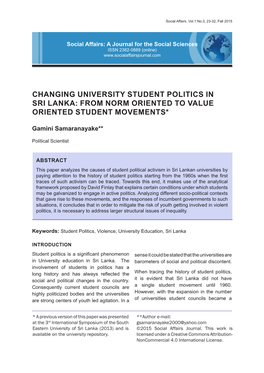 Changing University Student Politics in Sri Lanka: from Norm Oriented to Value Oriented Student Movements*