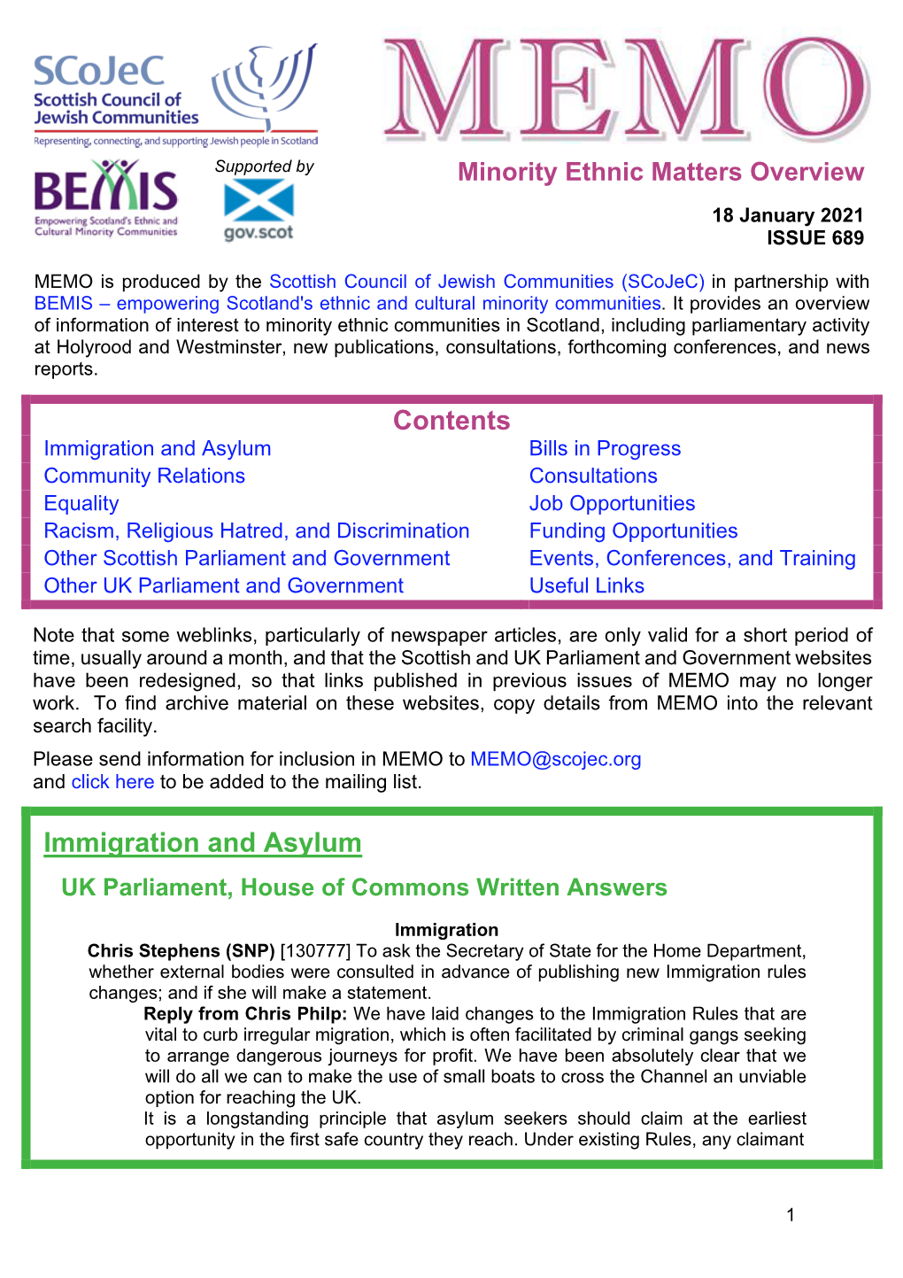 MEMO Is Produced by the Scottish Council of Jewish Communities (Scojec) in Partnership with BEMIS – Empowering Scotland's Ethnic and Cultural Minority Communities