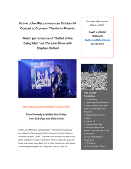 Father John Misty Announces October 04 Please Contact: Concert at Orpheum Theatre in Phoenix DAVID J