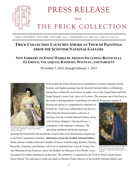 Frick Collection Launches American Tour of Paintings from the Scottish National Gallery