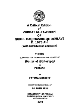 A Critical Edition of ZUBDAT AL-TAWRIKH of NURUL HAQ MASHRIQE DEHLAVI D