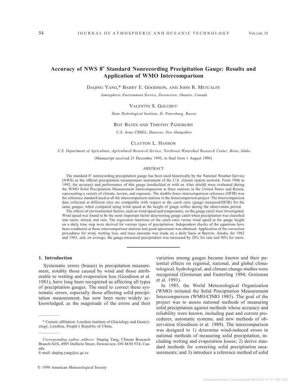 Accuracy of NWS 8 Standard Nonrecording Precipitation Gauge