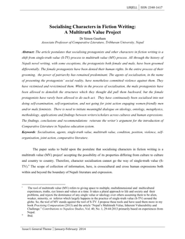 Socialising Characters in Fiction Writing: a Multitruth Value Project Dr Simon Gautham Associate Professor of Comparative Literature, Tribhuvan University, Nepal