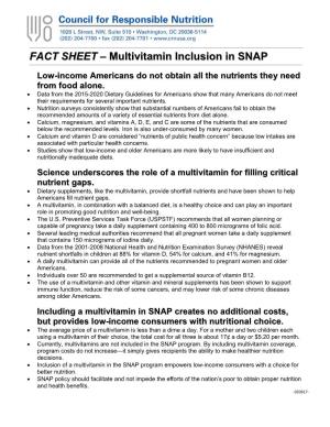 FACT SHEET – Multivitamin Inclusion in SNAP