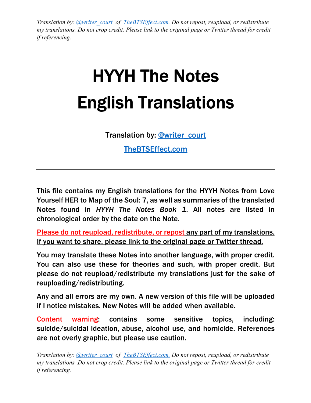 HYYH the Notes English Translations