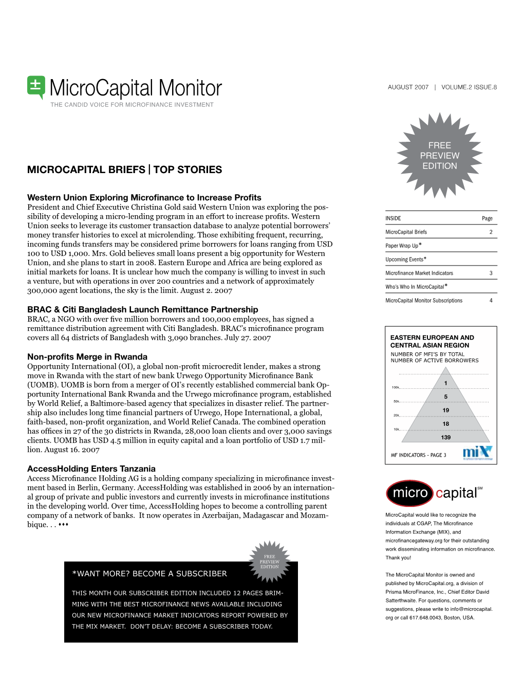 Microcapital Monitor August 2007 | VOLUME.2 ISSUE.8 the Candid Voice for Microfinance Investment