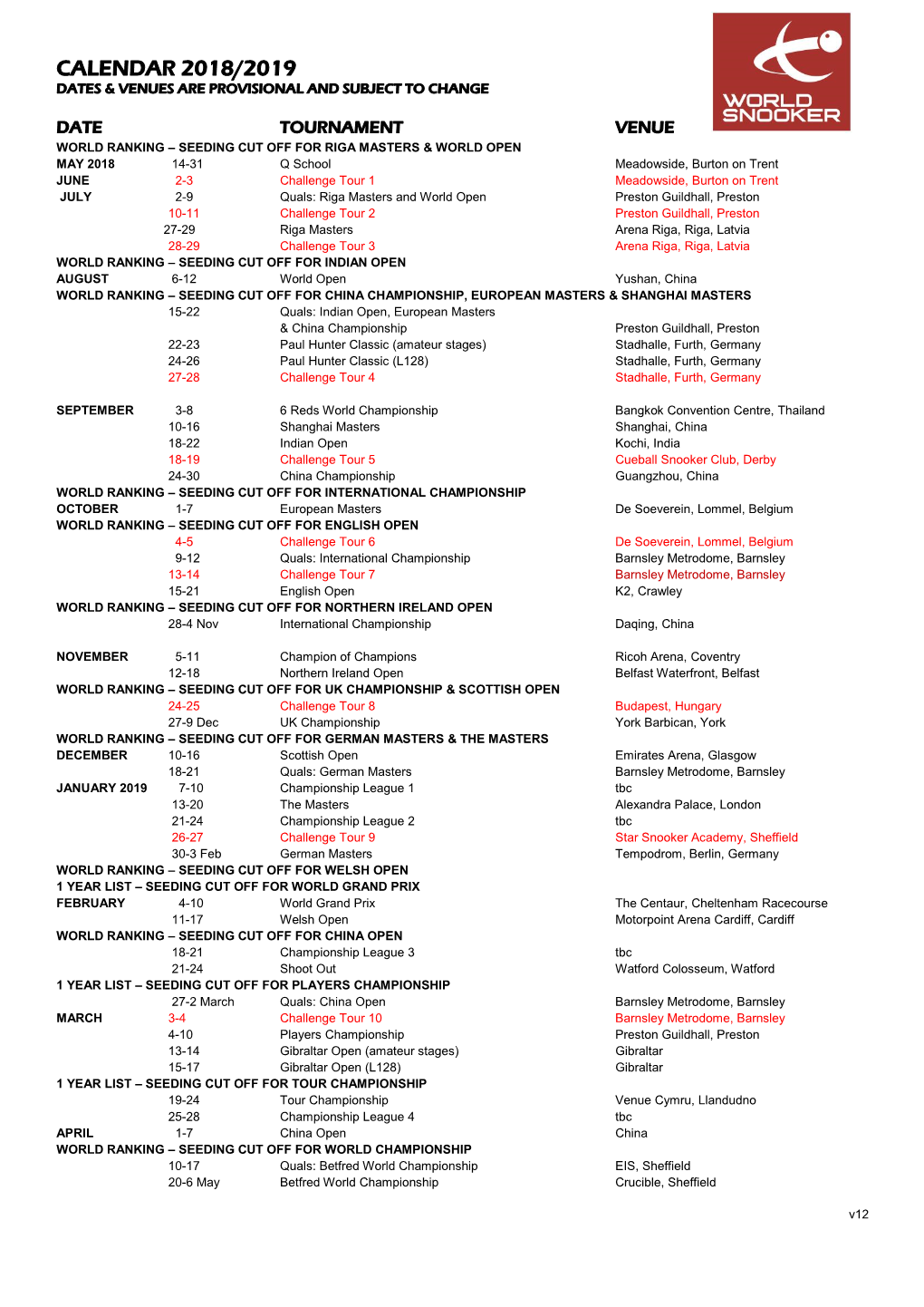 Calendar 2018/2019 Dates & Venues Are Provisional and Subject to Change