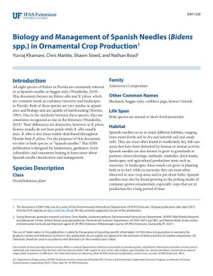 Biology and Management of Spanish Needles (Bidens Spp.) in Ornamental Crop Production1 Yuvraj Khamare, Chris Marble, Shawn Steed, and Nathan Boyd2
