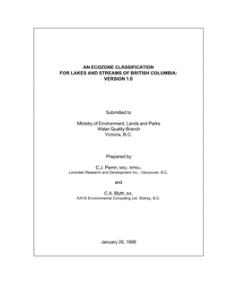 An Ecozone Classification for Lakes and Streams of British Columbia: Version 1.0