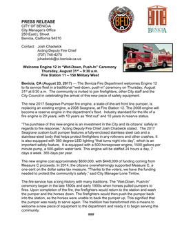 PRESS RELEASE CITY of BENICIA City Manager’S Office 250 East L Street Benicia, California 94510