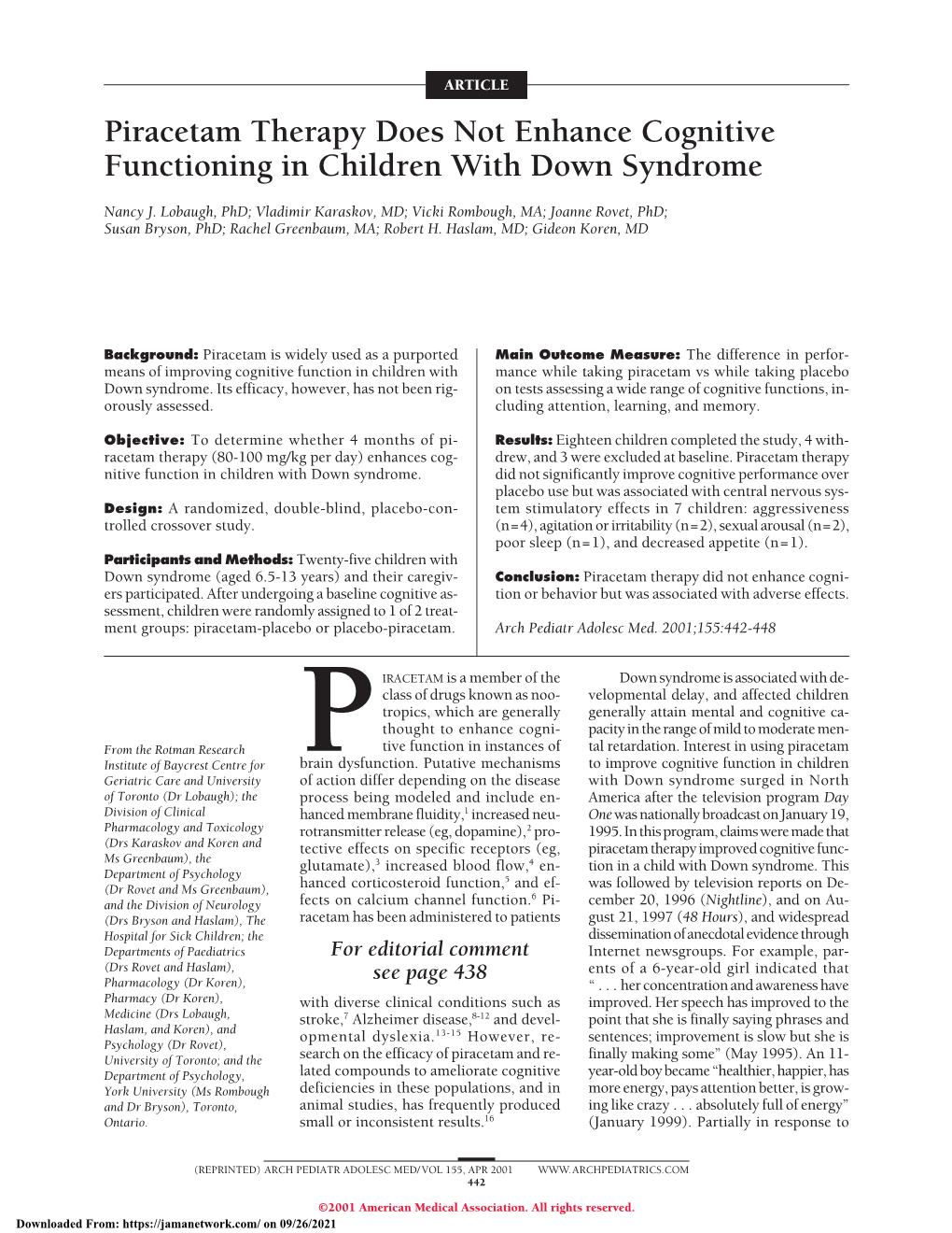 Piracetam Therapy Does Not Enhance Cognitive Functioning in Children with Down Syndrome