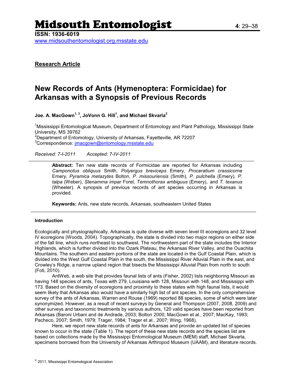 Ants (Hymenoptera: Formicidae) for Arkansas with a Synopsis of Previous Records