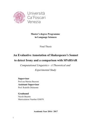 An Evaluative Annotation of Shakespeare's Sonnet to Detect Irony and a Comparison with SPARSAR