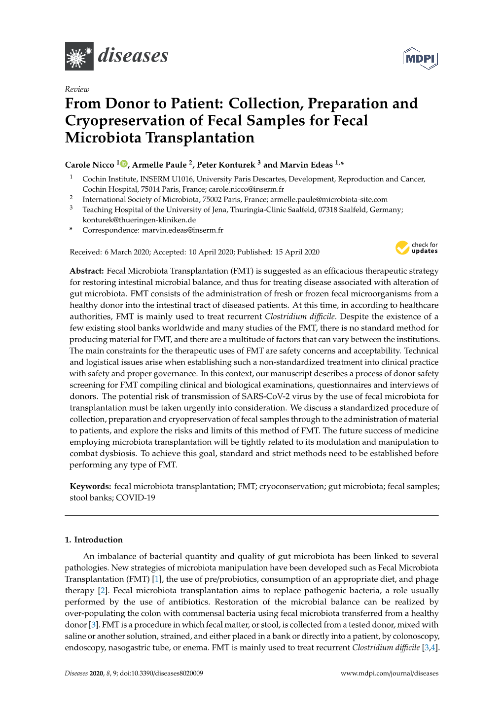 From Donor to Patient: Collection, Preparation and Cryopreservation of Fecal Samples for Fecal Microbiota Transplantation