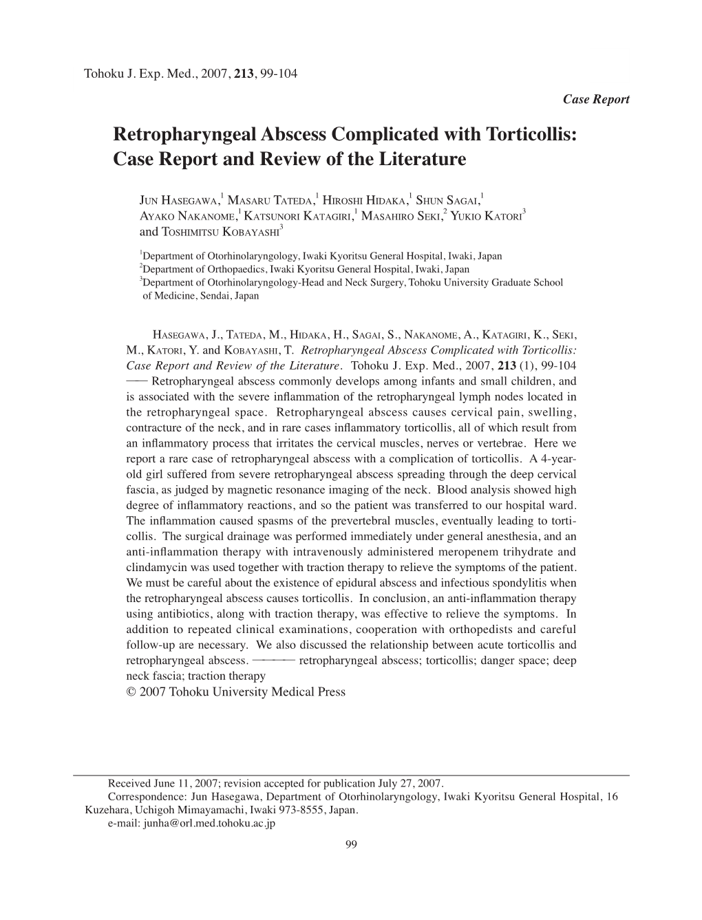 Retropharyngeal Abscess Complicated with Torticollis: Case Report and Review of the Literature
