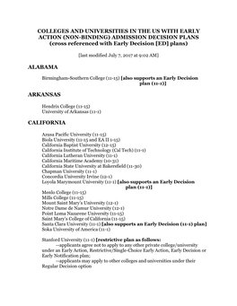 COLLEGES and UNIVERSITIES in the US with EARLY ACTION (NON-BINDING) ADMISSION DECISION PLANS (Cross Referenced with Early Decision [ED] Plans)