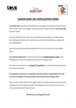 Junior Bake Off Application Form