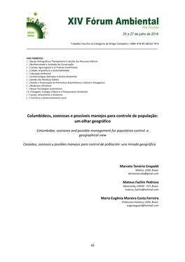 Columbídeos, Zoonoses E Possíveis Manejos Para Controle De População: Um Olhar Geográfico