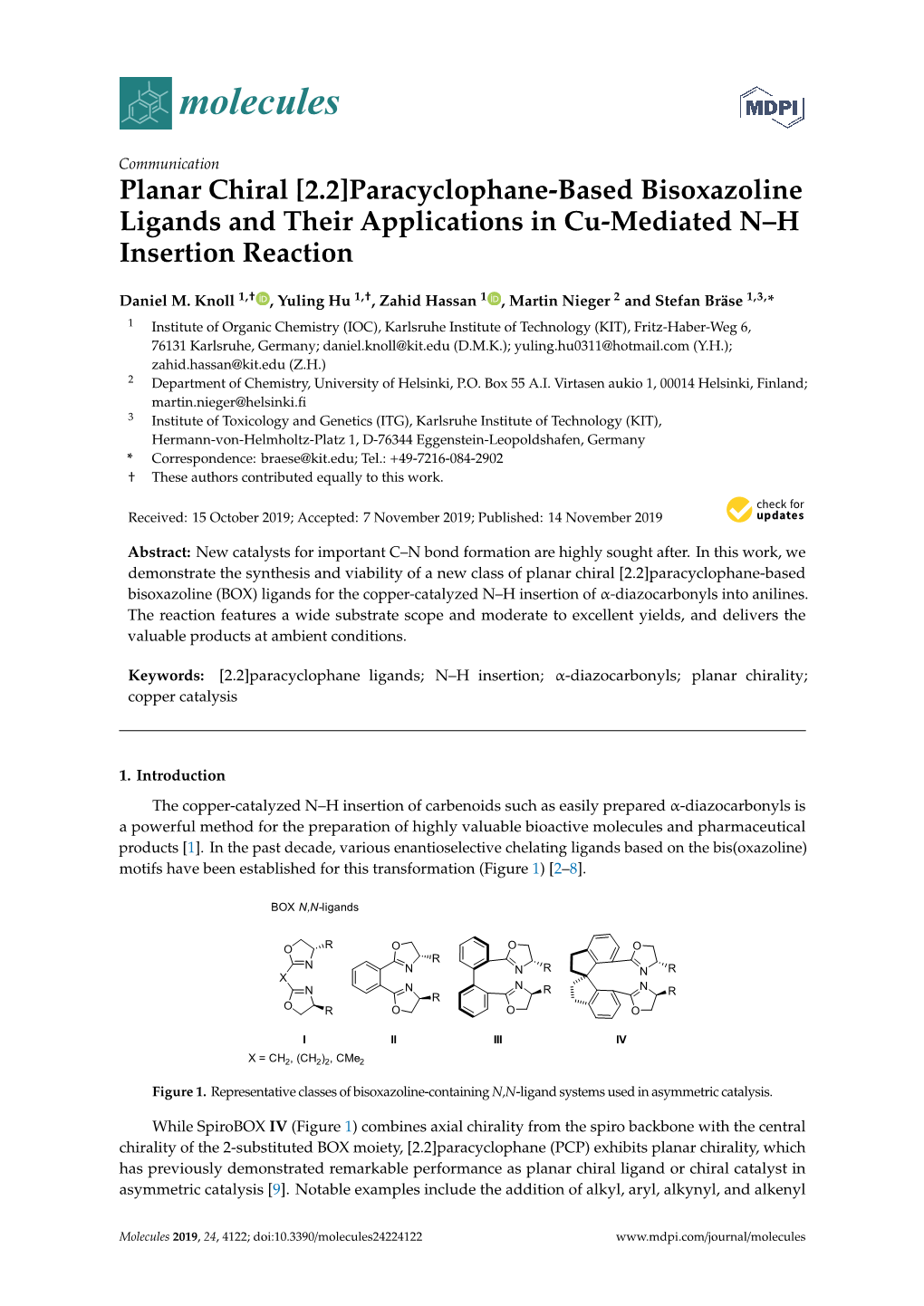 [2.2]Paracyclophane-Based Bisoxazoline Ligands and Their