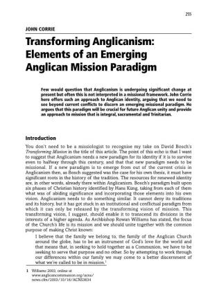 Transforming Anglicanism: Elements of an Emerging Anglican Mission Paradigm