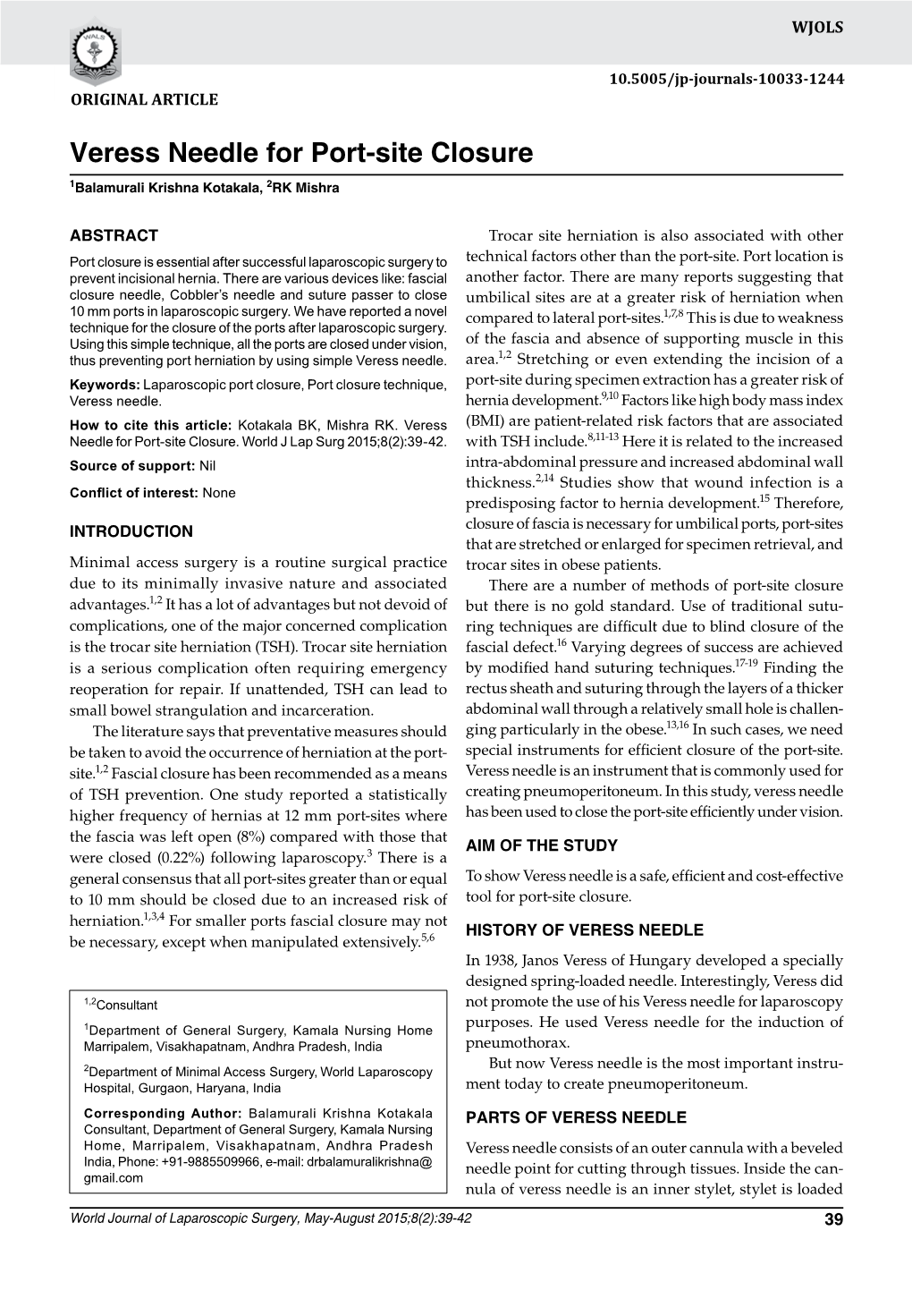 Veress Needle for Port-Site Closure Original Article