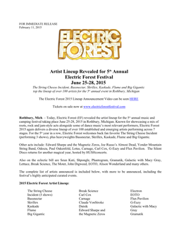 Artist Lineup Revealed for 5Th Annual Electric Forest Festival June 2528