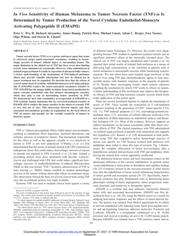 In Vivo Sensitivity of Human Melanoma to Tumor Necrosis Factor