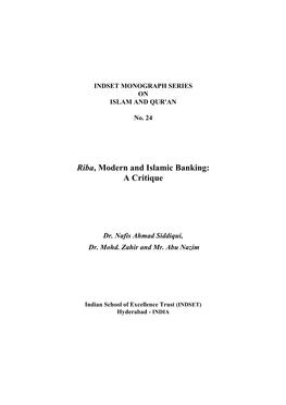 Riba, Modern and Islamic Banking: a Critique 1