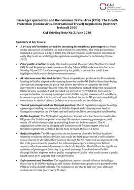 Passenger Quarantine and the Common Travel Area (CTA)