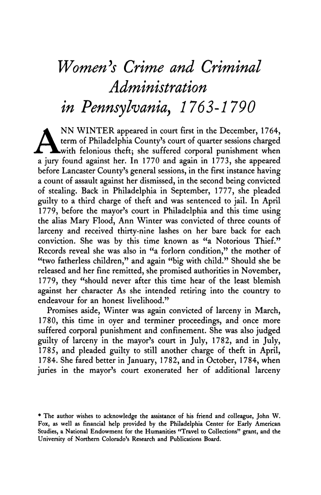 Women's Crime and Criminal Administration in Pennsylvania, 1763-1790