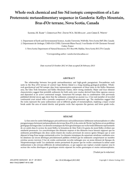 Whole-Rock Chemical and Sm-Nd Isotopic Composition of a Late Proterozoic Metasedimentary Sequence in Ganderia: Kellys Mountain, Bras D’Or Terrane, Nova Scotia, Canada