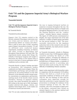 Unit 731 and the Japanese Imperial Army's Biological Warfare Program