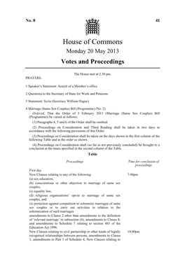 House of Commons Monday 20 May 2013 Votes and Proceedings