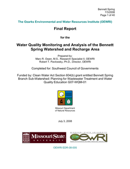 Water Quality Monitoring and Analysis of the Bennett Spring Watershed and Recharge Area