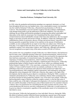 Science and Catastrophism, from Velikovsky to the Present Day Trevor Palmer Emeritus Professor, Nottingham Trent University, UK